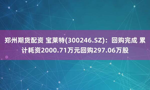 郑州期货配资 宝莱特(300246.SZ)：回购完成 累计耗资2000.71万元回购297.06万股